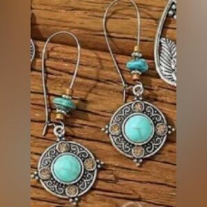 NEW faux Turquoise Earrings, citrine gems, large turquoise, Vintage silvery